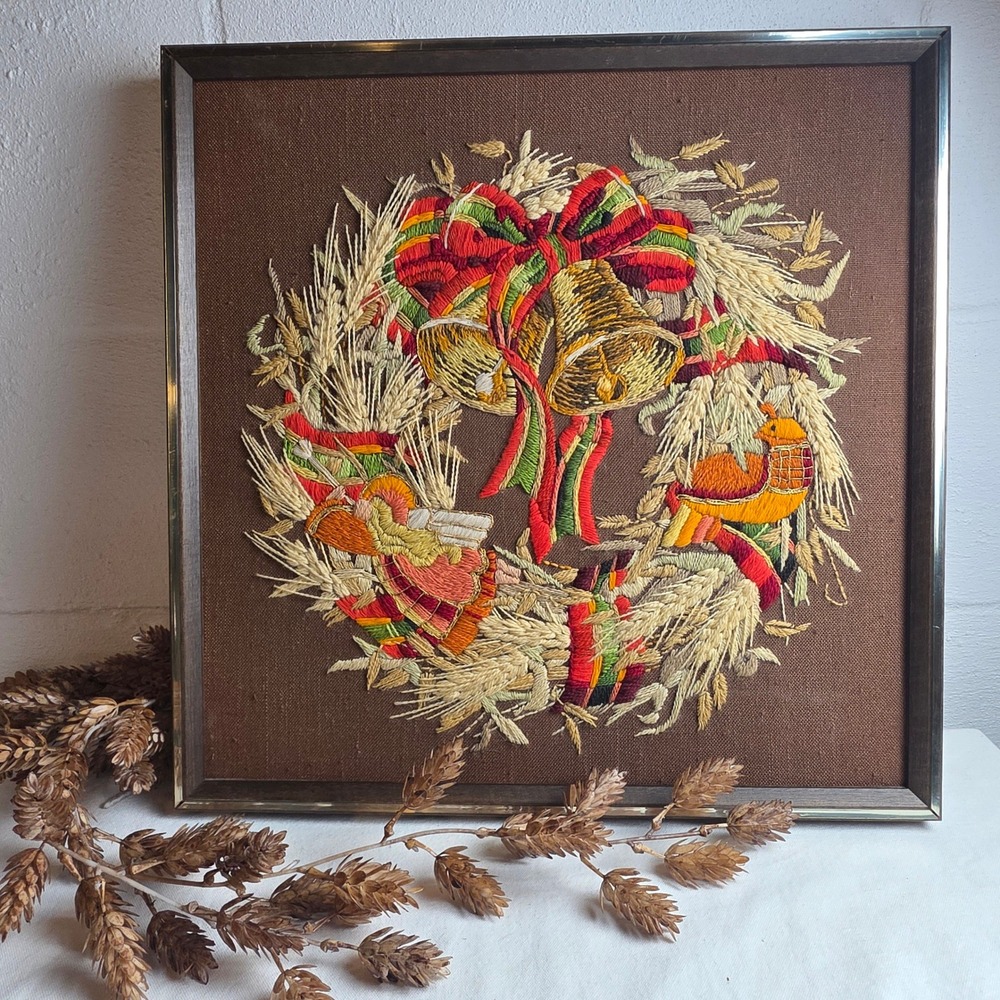 Framed 70s Crewel Embroidery Art "Nature's Wreath" Sunset Stitchery Kit #2020
